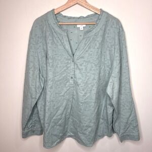 J Jill Floral Popover Top Plus 2X Blue Long Sleeve V Neck Boho Ruffle Button Art